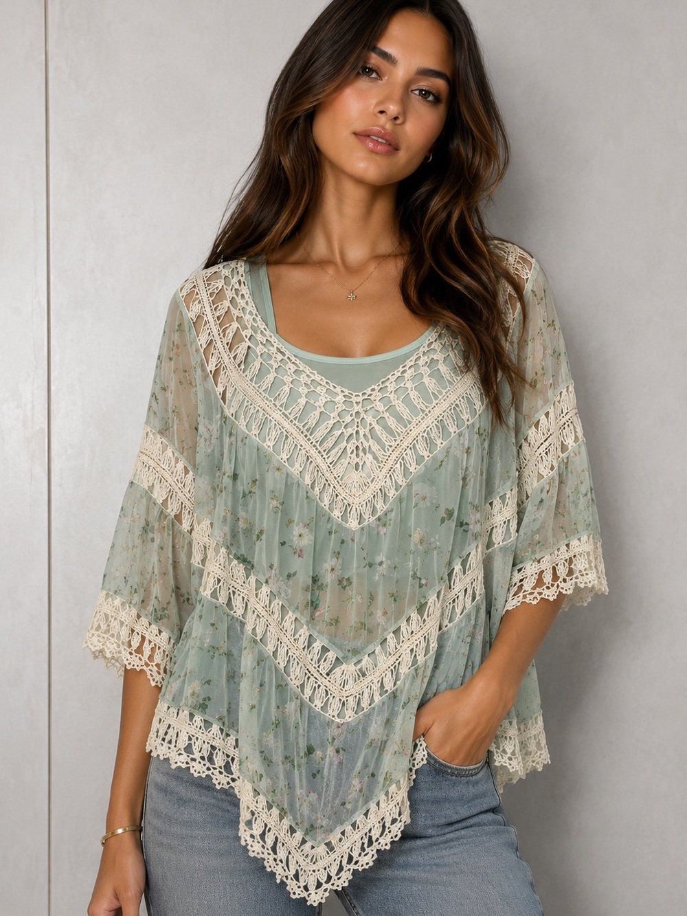 2Piece - CBR & Sassini Sheer Floral Lace Women's Blouse with Matching Tank top